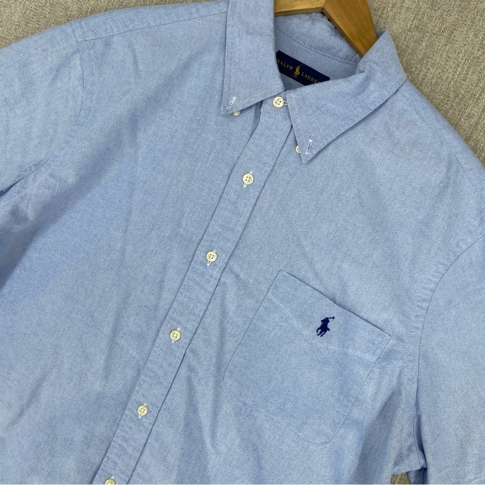 Ralph Lauren Oxford Short Sleeve Shirt Mens XL Blue Solid Button Down Pocket